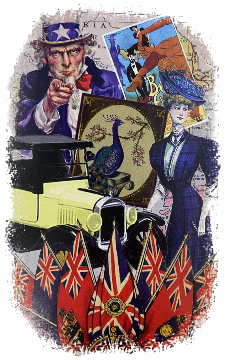 Vintage-style collage featuring Uncle Sam pointing, an early automobile, a Victorian-era woman, a peacock illustration, and Union Jack flags layered over a map background.