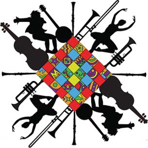 Colorful patchwork quilt-square pattern centered with silhouettes of musicians and brass instruments arranged in a circular design around it.