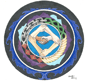 Circular emblem with four hands clasped in a square at the center, surrounded by interwoven chains and colored bands in layered rings.