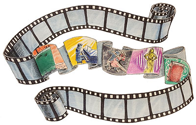 An illustrated strip of film curling across the frame, with several colorful picture frames displayed in the middle.