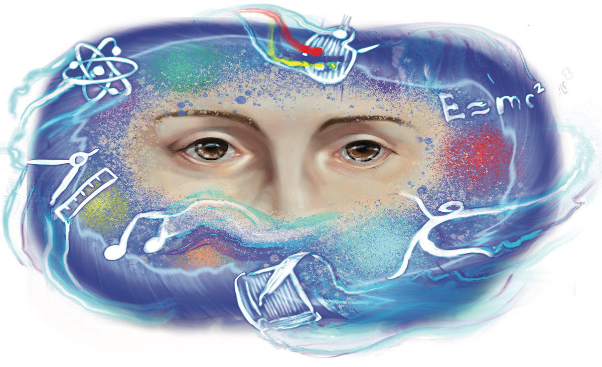 Illustration of a person’s eyes surrounded by swirling blue paint and science-themed doodles, including an atom symbol and the equation E=mc².
