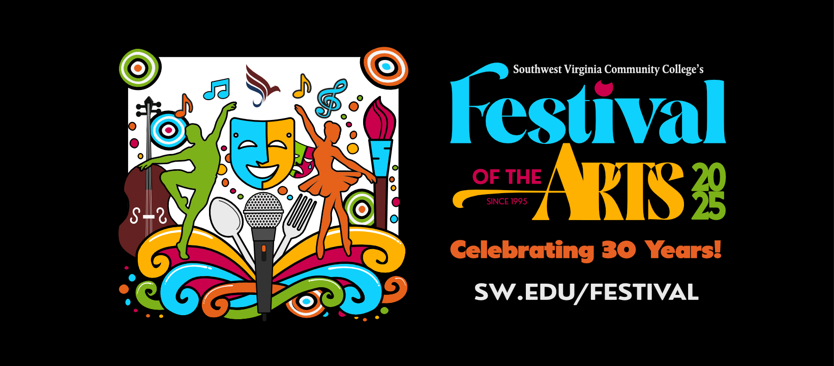 Promotional graphic for Southwest Virginia Community College’s Festival of the Arts 2025, celebrating 30 years, with colorful silhouettes of dancers and icons for music, theater, and visual arts.