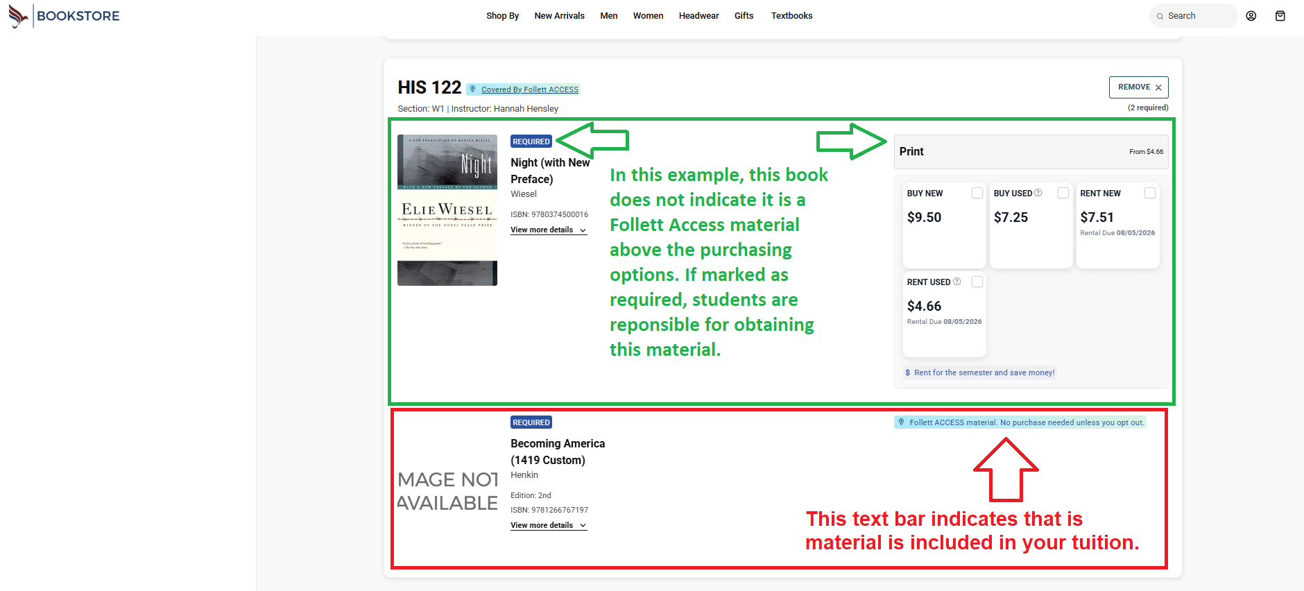 Bookstore course materials page showing the difference between required textbooks and Follett Access materials.