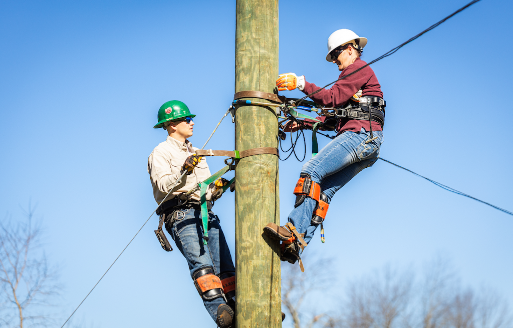 Utility lineworker trainees wearing safety gear climb and work on a wooden power pole during hands-on training outdoors.