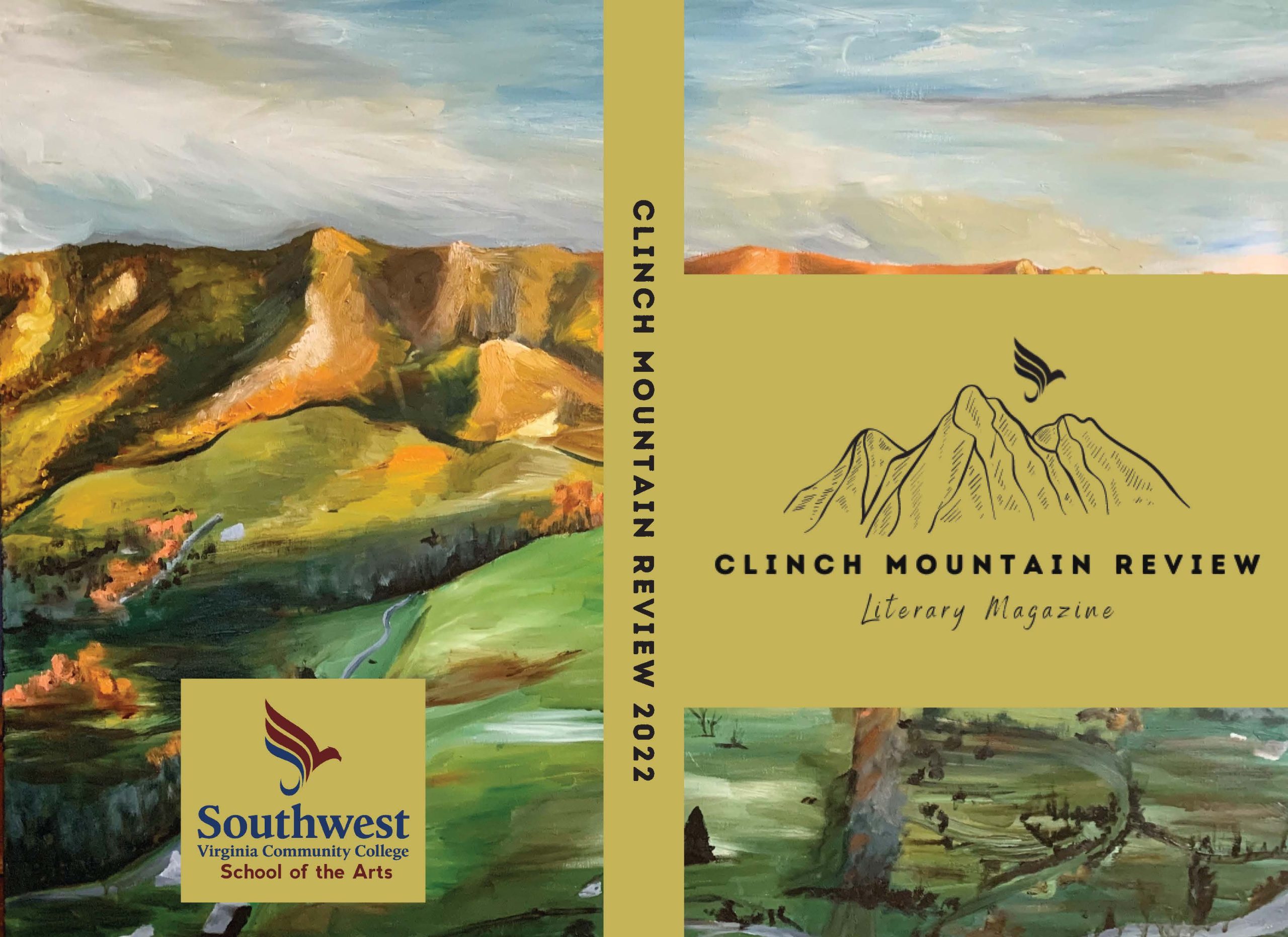 Front cover of the Clinch Mountain Review 2022 literary magazine showing an expressive painted landscape of the Clinch Mountains in greens, golds, and blues, with the Southwest Virginia Community College School of the Arts logo.