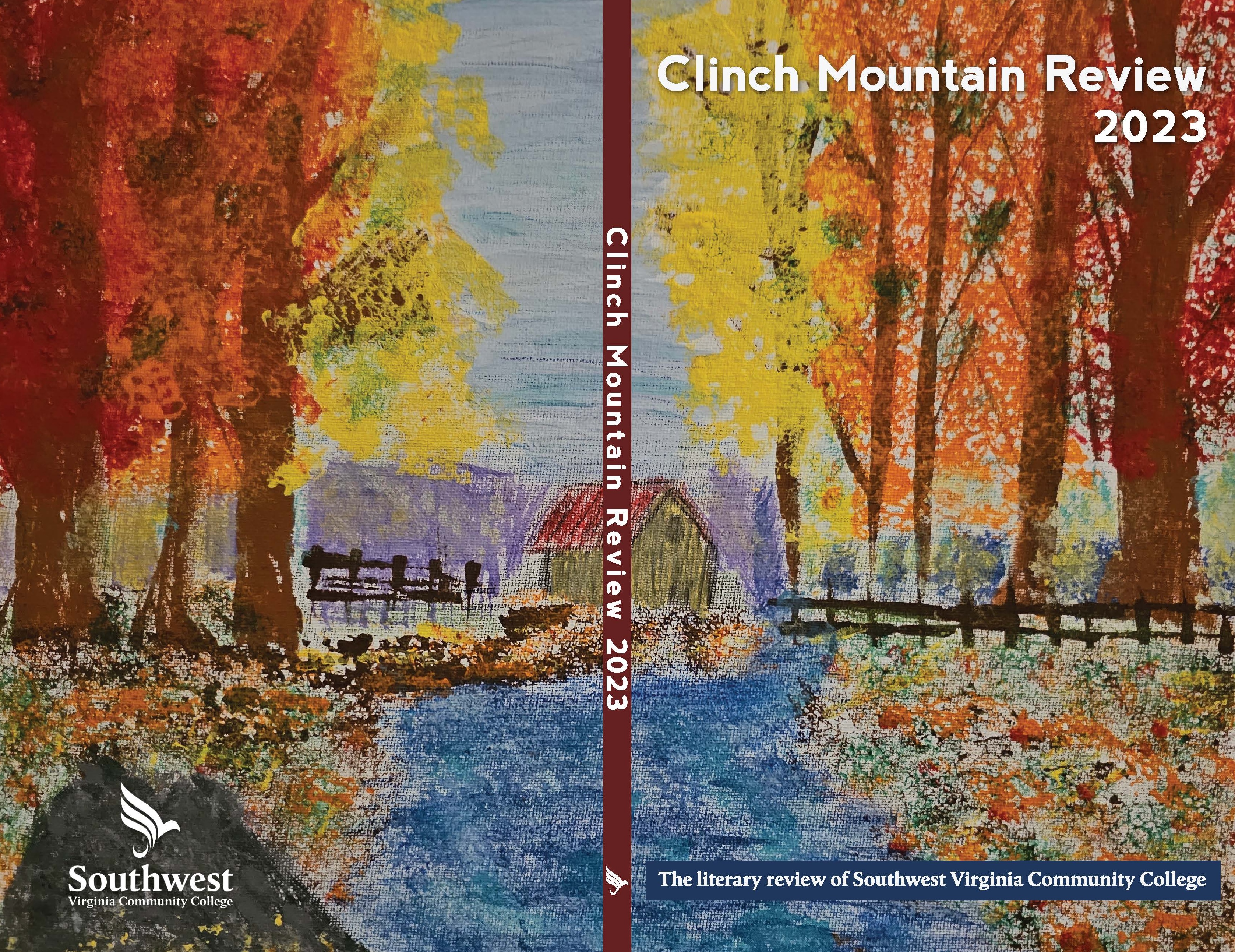 Front cover of the Clinch Mountain Review 2023, the literary review of Southwest Virginia Community College, showing an expressive painted fall scene with colorful trees, a stream, fencing, and a small rural structure.