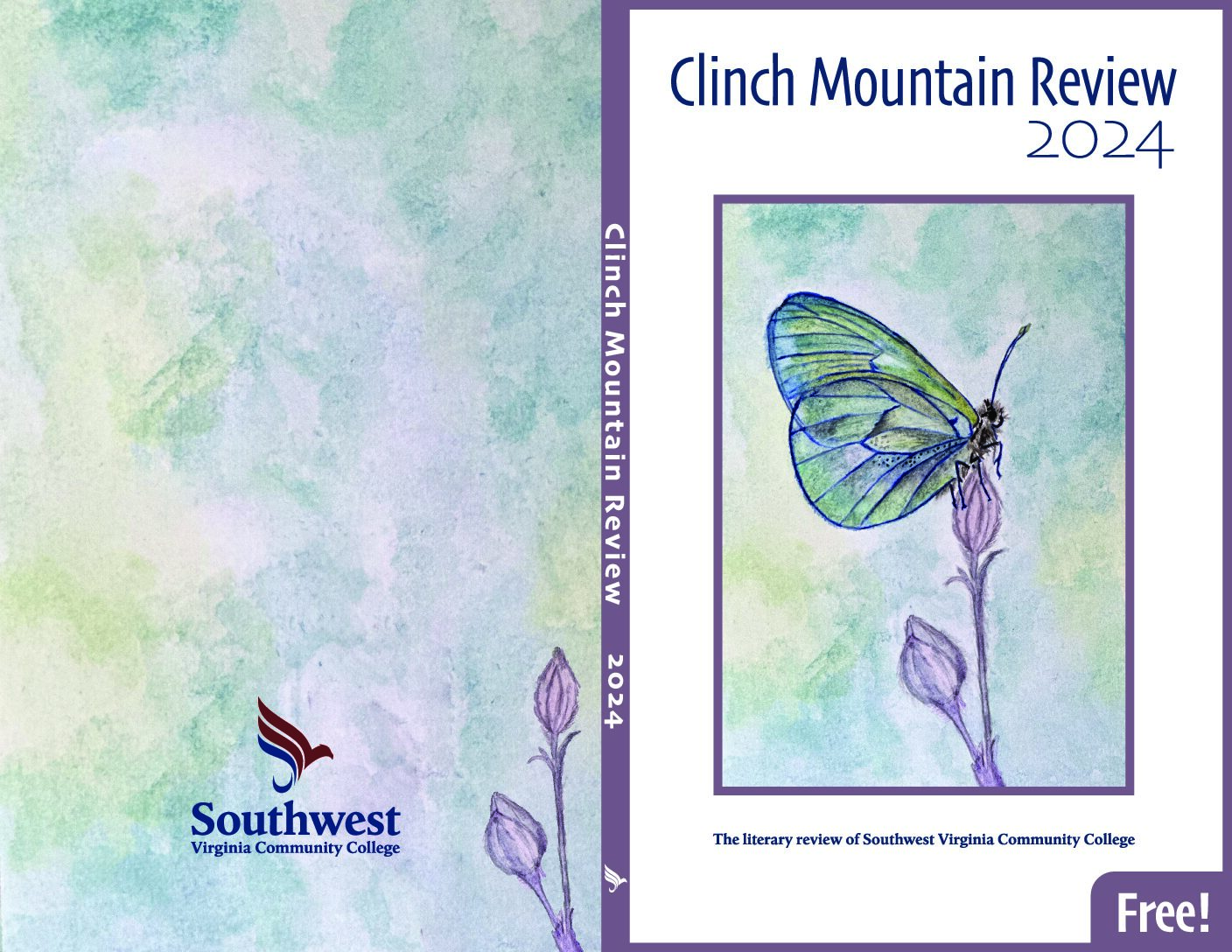 Front cover of the Clinch Mountain Review 2024, the literary review of Southwest Virginia Community College, showing a soft watercolor background and a green-and-blue butterfly resting on a flowering stem.