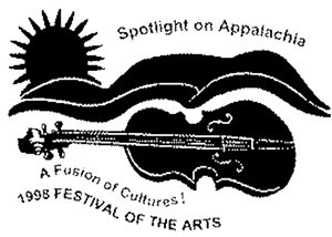 Black-and-white poster-style illustration of a guitar with a sun and hills, titled “Spotlight on Appalachia,” with the text “A Fusion of Cultures!” and “1998 Festival of the Arts.”