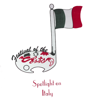 Illustration of a palette with the words “Festival of the Arts” and a red horse graphic, topped by an Italian flag, with “Spotlight on Italy” below.