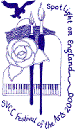 Poster-style illustration with a rose and bow, two lit candles, and a bird silhouette, with text reading “Spotlight on England” and “SVCC Festival of the Arts 2003.”