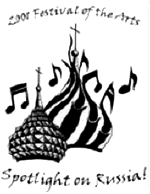 Black-and-white poster illustration with musical notes and stylized onion-domed Russian architecture, with the text “2007 Festival of the Arts” and “Spotlight on Russia!”.