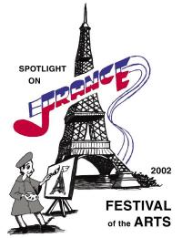 Poster-style illustration with the Eiffel Tower and the word “France,” plus text reading “Spotlight on France” and “2002 Festival of the Arts.”