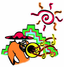 Colorful cartoon of a musician in a red hat playing a brass instrument, with swirling musical notes and a stylized sun overhead.