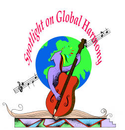 Logo with a globe behind a violin, musical notes on a staff, and the curved text “Spotlight on Global Harmony” above.