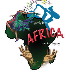 Illustration of the African continent with colorful dancers and musical notes above it, the word “AFRICA” in bold letters, and two raised hands at the bottom.