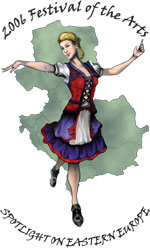 Illustration of a woman in a red-and-blue dress dancing, with a green map-like shape behind her and the text “2006 Festival of the Arts” and “Spotlight on Eastern Europe.”