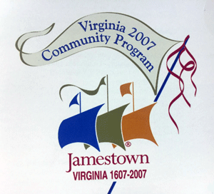 Jamestown Virginia 1607–2007 logo with three stylized sailing ships beneath a ribbon reading “Virginia 2007 Community Program.”