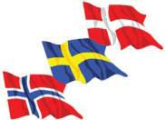 Three Scandinavian flags waving, including Denmark, Sweden, and Norway.