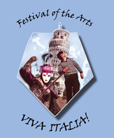 Poster for “Festival of the Arts” featuring a soldier in a gas mask and an Italian flag bearer in front of the Colosseum, with the text “VIVA ITALIA!”.