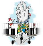Hand-drawn illustration of a large hand holding a knife above a circus-like stage, with small clown figures and a striped backdrop.
