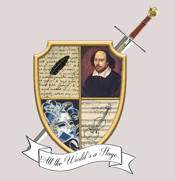Decorative crest with a shield showing a quill and handwritten script, a portrait of Shakespeare, a theatrical mask, and sheet music, with a sword behind it and a banner reading “All the World’s a' ST