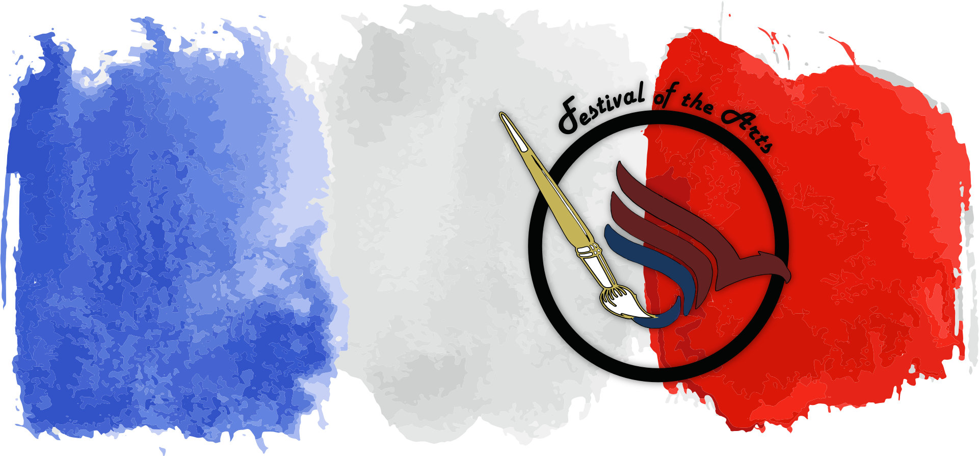 Logo for “Festival of the Arts” over a blue, white, and red painted background, featuring a circular emblem with a paintbrush and stylized bird.