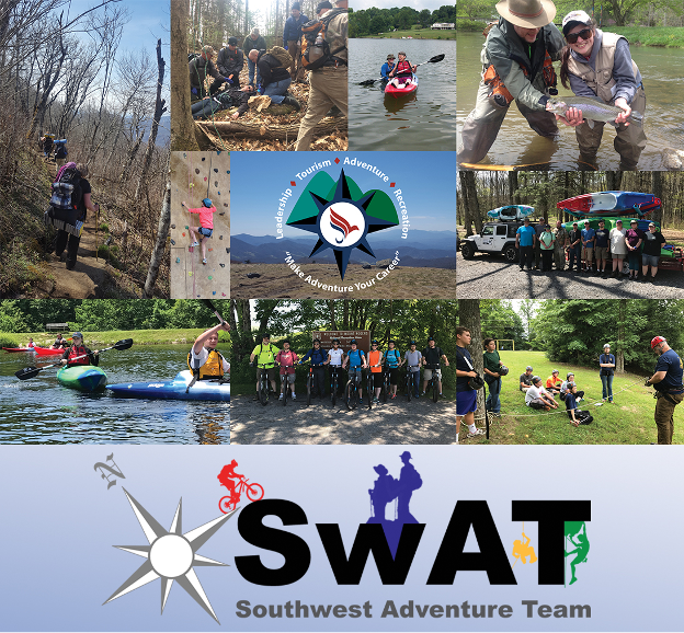 Collage of outdoor adventure activities—including hiking, kayaking, rock climbing, fishing, and group outings—with the Southwest Adventure Team (SWAT) logo and name.
