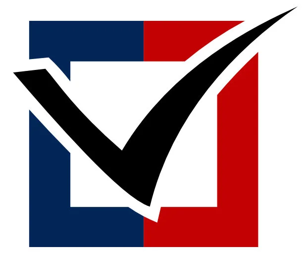 A blue and red square with a white center with a check mark across it