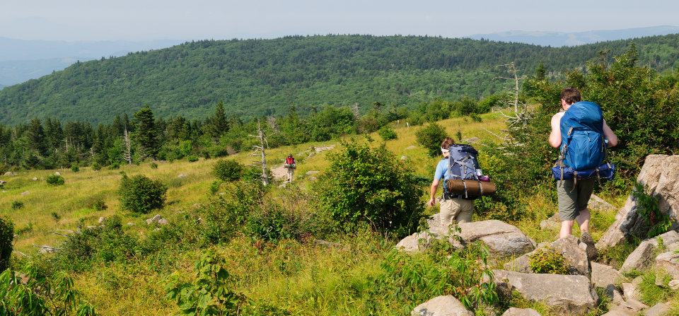 Hikers with backpacks follow a rocky trail through open grasslands and forested mountain scenery.