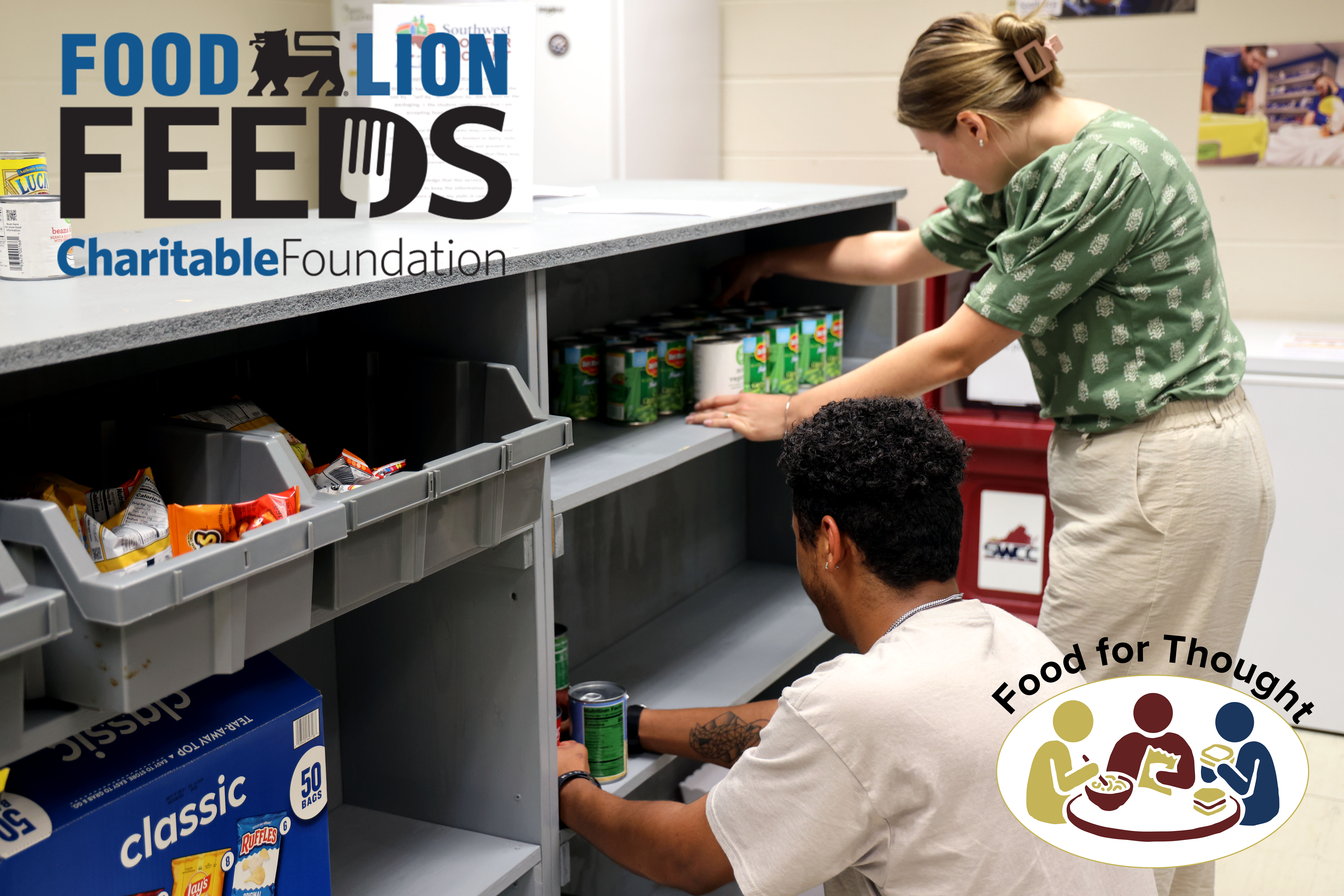 Two people stocking shelves with Food for Thought and Food Lion Feeds Logos