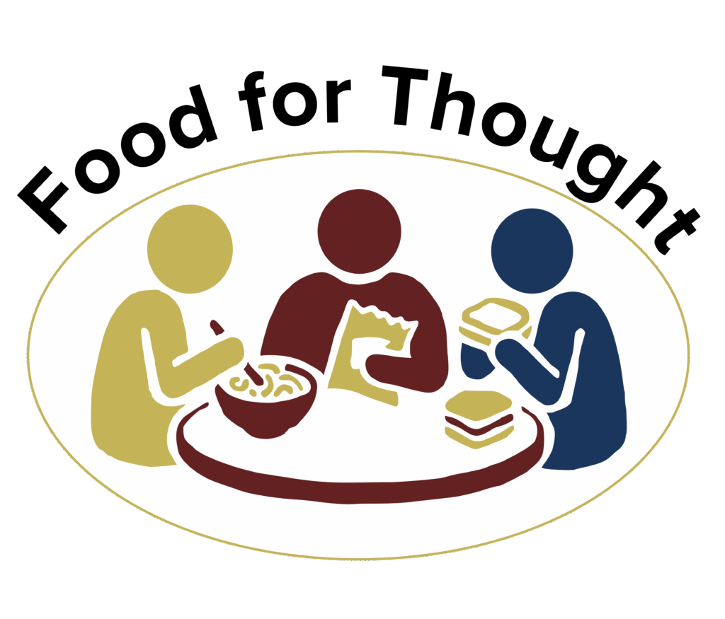 Illustration of three silhouetted people sharing a meal at a table.