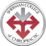 Circular logo for Sherman College of Chiropractic with a red geometric emblem and gray arrow at the center.