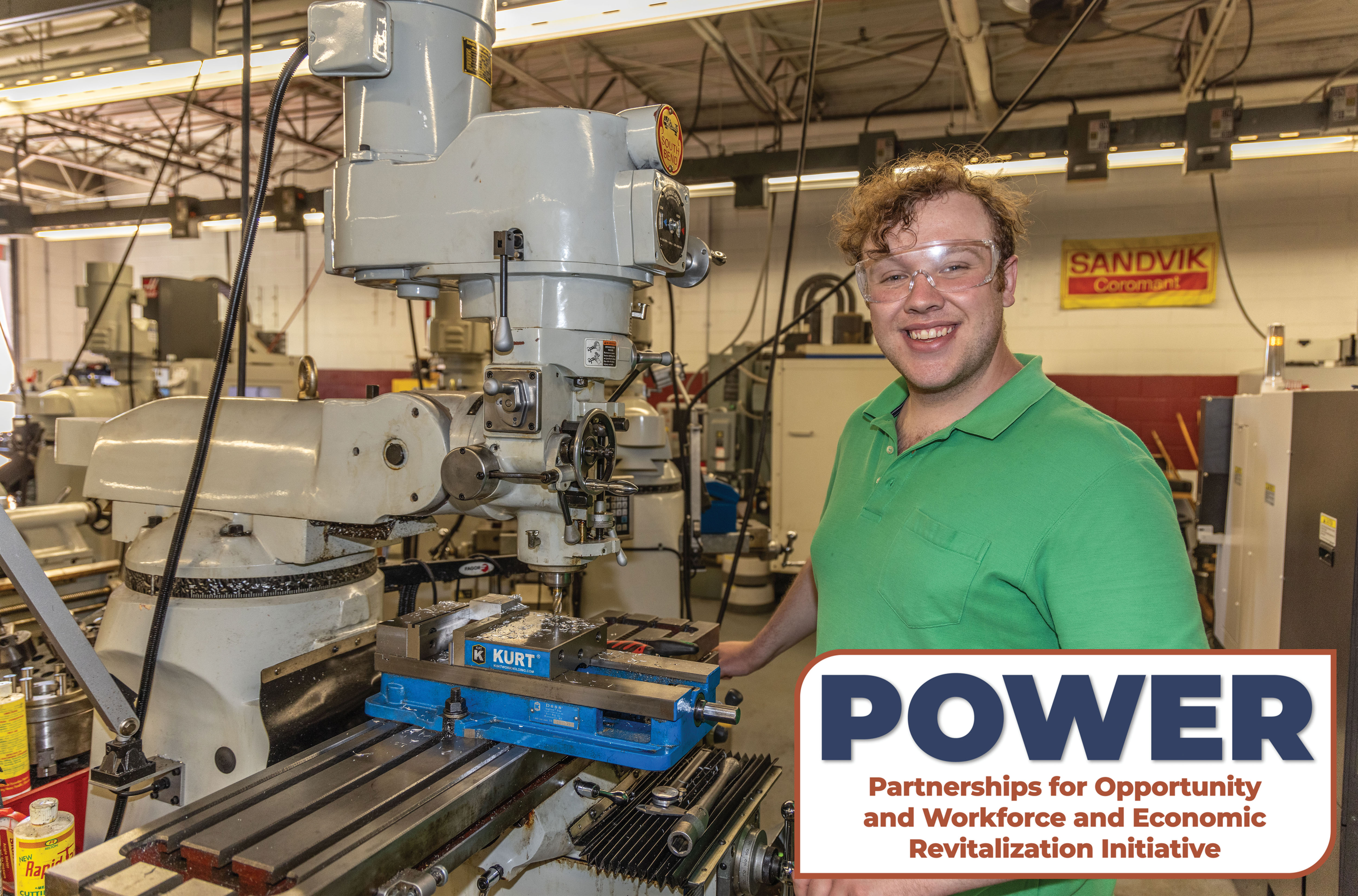 Southwest Precision Machining Student with POWER logo in corner