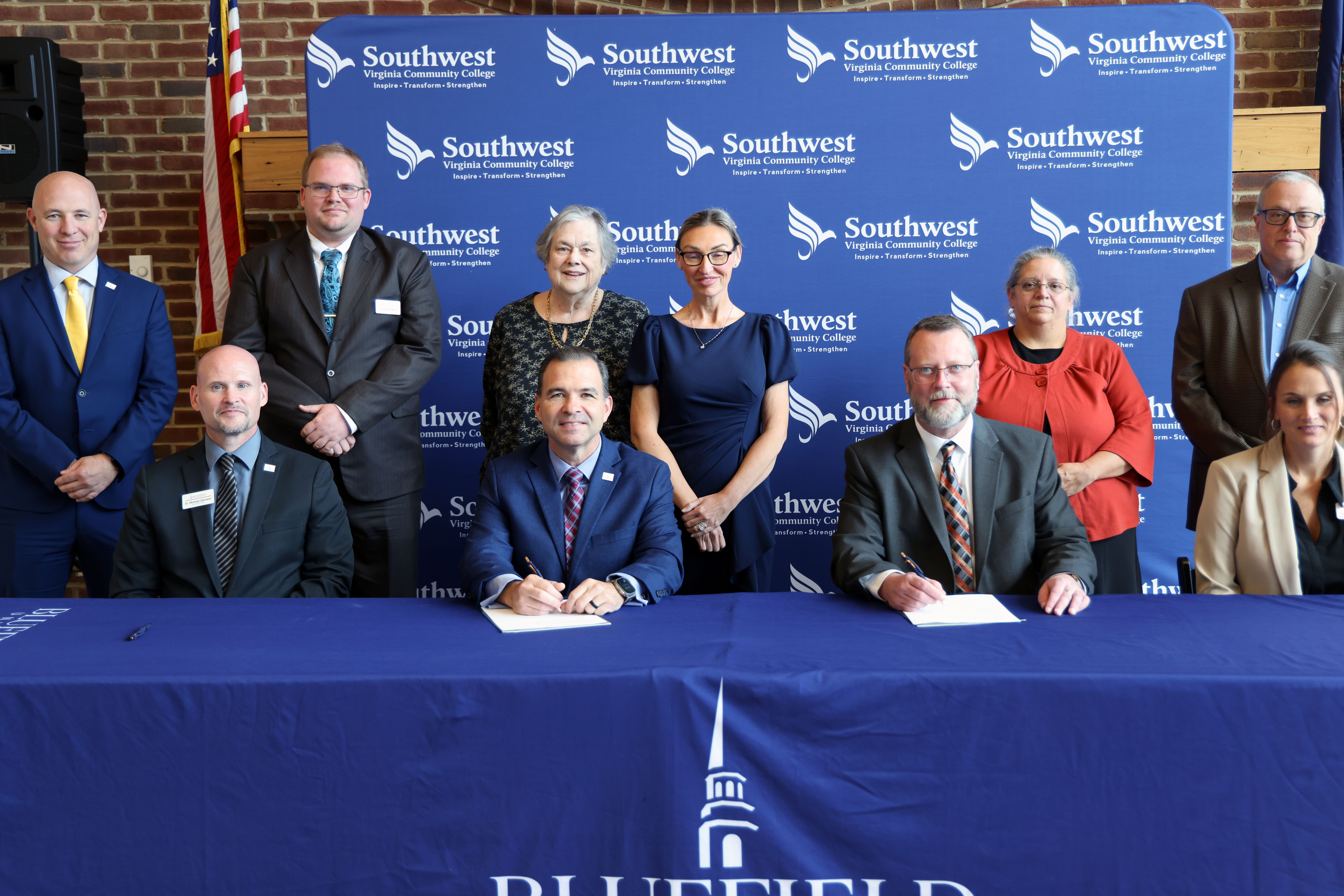 (L-R Standing) Travis Roberts, VP Enrollment Management and Marketing, Austin Bolden, Coordinator of Traditional Admissions, Cathy Payne, Student Success Coach, Dr. Angela Cline, Dean, Caudill School of Business, Margaret Dye, Department Chair for Business Engineering and Industrial Technology, James Dye, Dean, Business Engineering and Industrial Technology (L-R Sitting) Dr. Michael Salemier, Provost, Dr. Steve Peterson, President, Dr. Clinton Hayes, President, Dr. Bethany Rose, Interim Vice President of Academics and Student Services