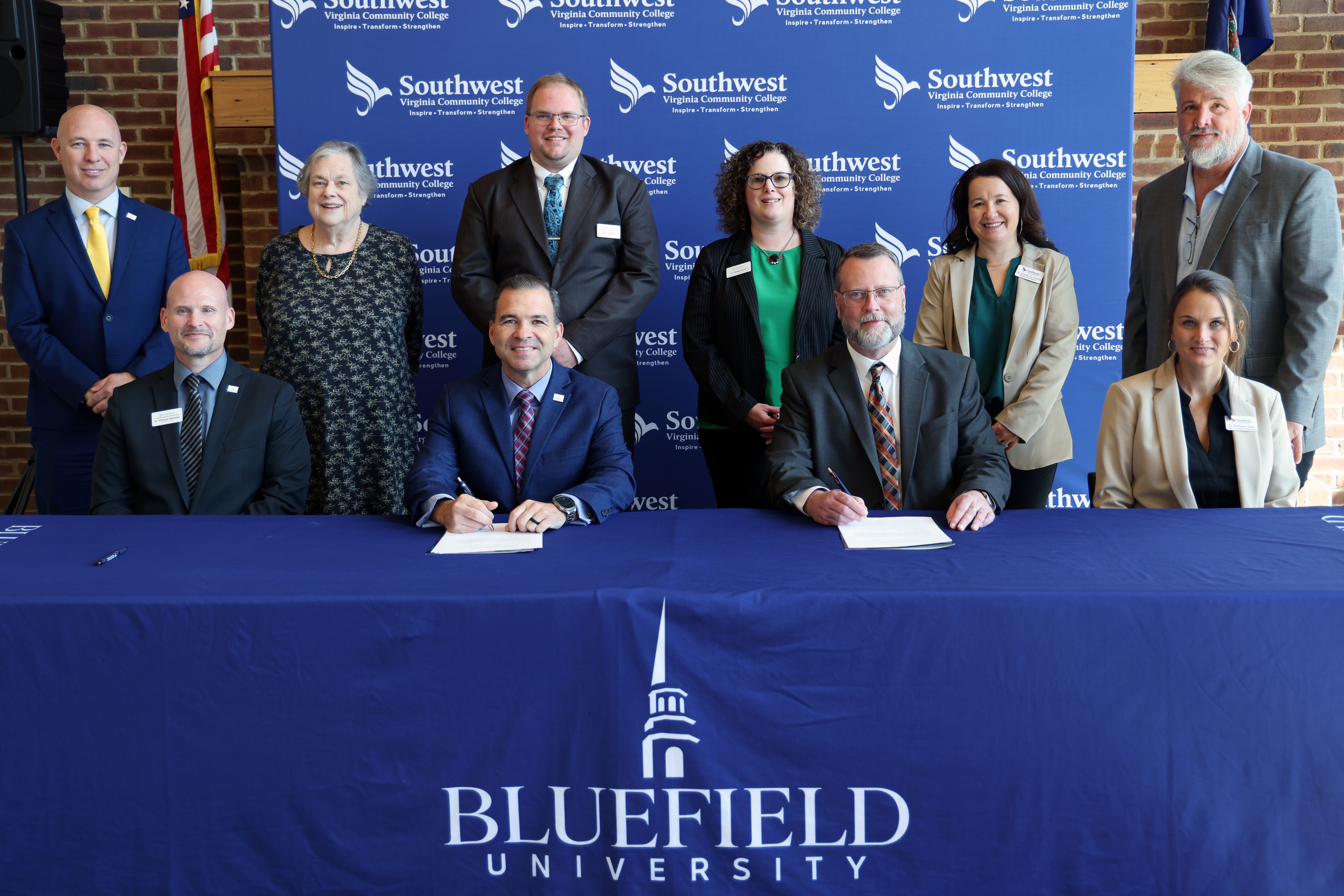 (L-R Standing) Travis Roberts, VP Enrollment Management and Marketing, Cathy Payne, Student Success Coach, Austin Bolden, Coordinator of Traditional Admissions, Dr. Shellie Brown, Dean, School of Education, Dr. Kim Austin, Professor of Early Childhood Development and Education, Dr. Brian Wright, Dean, Arts and Sciences (L-R Sitting) Dr. Michael Salemier, Provost, Dr. Steve Peterson, President, Dr. Clinton Hayes, President, Dr. Bethany Rose, Interim Vice President of Academics and Student Services